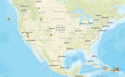 Mapa de los sismos ocurridos en Estados Unidos y el Caribe el 30 de enero