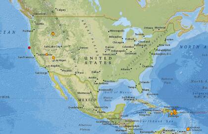 Mapa de los sismos ocurridos en Estados Unidos y el Caribe en las últimas 24 horas