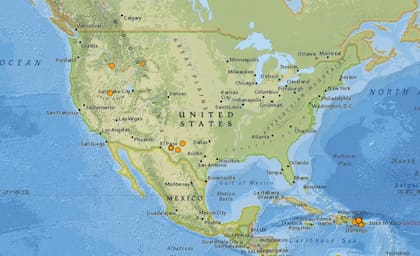 Mapa de los sismos ocurridos en Estados Unidos y el Caribe el 5 de marzo