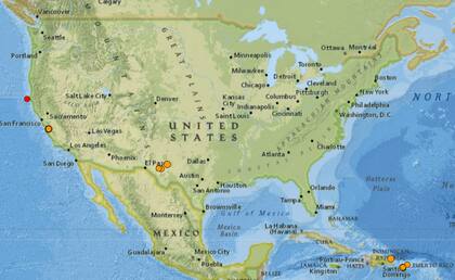 Mapa de los sismos ocurridos en Estados Unidos y el Caribe el 2 de febrero