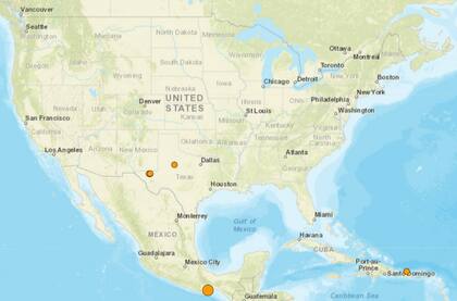 Mapa de los temblores que se registraron en América del Norte y el Caribe el 19 de enero