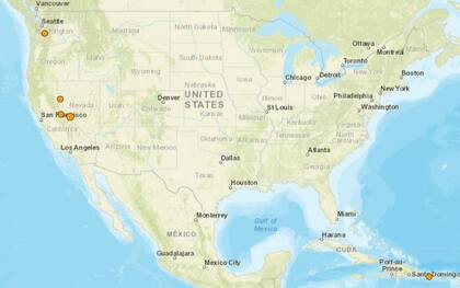 Mapa de los temblores que se registraron en América del Norte y el Caribe el 10 de enero