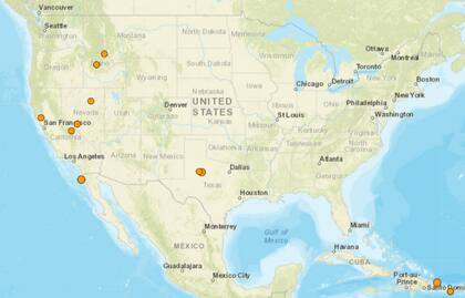 Mapa de los temblores que se registraron en América del Norte y el Caribe el 22 de diciembre