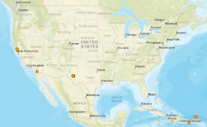 Mapa de los temblores que se registraron en América del Norte y el Caribe el 13 de diciembre