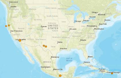 Mapa de los temblores que se registraron en América del Norte y el Caribe el 25 de enero