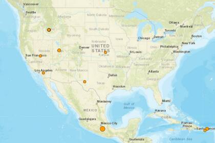 Mapa de los temblores que se registraron en América del Norte y el Caribe el 7 de diciembre