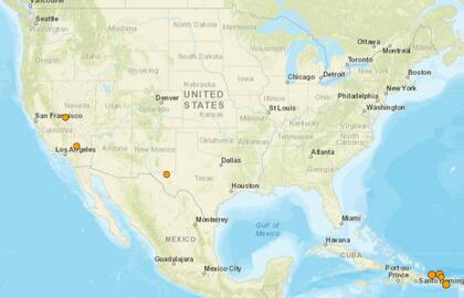 Mapa de los temblores que se registraron en América del Norte y el Caribe el 16 de enero