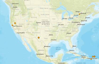 Mapa de los temblores que se registraron en América del Norte y el Caribe el 12 de diciembre