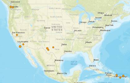Mapa de los temblores que se registraron en América del Norte y el Caribe el 13 de enero