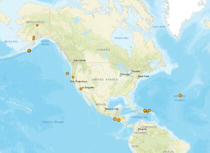 Mapa de los temblores que se registraron en América del Norte y el Caribe el 25 de diciembre