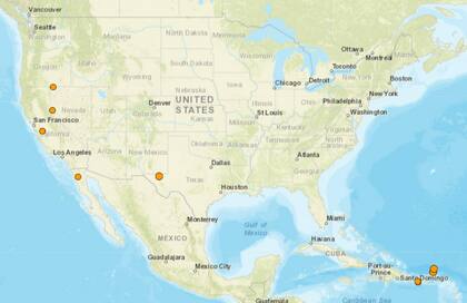 Mapa de los temblores que se registraron en América del Norte y el Caribe el 26 de enero