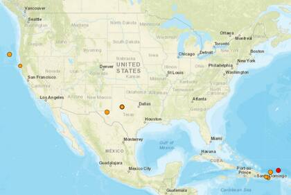 Mapa de los temblores que se registraron en América del Norte y el Caribe el 14 de diciembre
