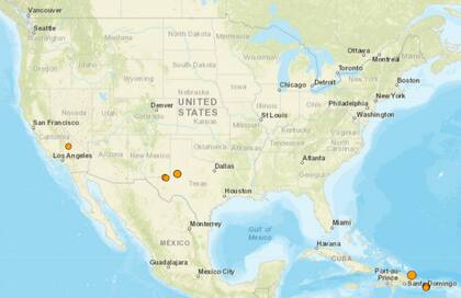 Mapa de los temblores que se registraron en América del Norte y el Caribe el 22 de enero
