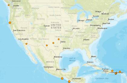 Mapa de los temblores que se registraron en América del Norte y el Caribe el 23 de enero