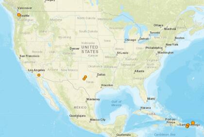 Mapa de los temblores que se registraron en América del Norte y el Caribe el 17 de enero
