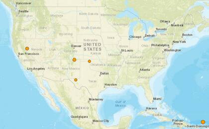 Mapa de los temblores que se registraron en América del Norte y el Caribe el 19 de diciembre