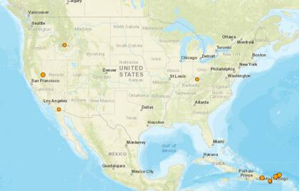 Mapa de los temblores que se registraron en América del Norte y el Caribe el 29 de enero