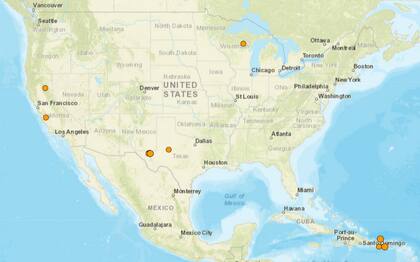 Mapa de los temblores que se registraron en América del Norte y el Caribe el 8 de enero