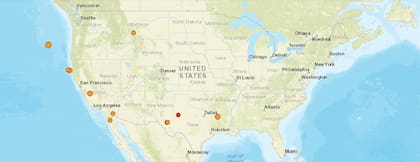 Mapa de los temblores registrados en las últimas 24 horas en EE.UU.