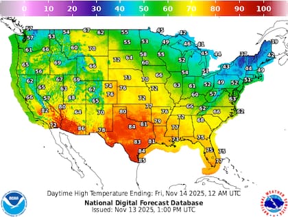 Mapa de máximas: un domo de alta presión permitirá que aire templado se instale sobre el centro y sur, lo que elevará las temperaturas en Kansas, Oklahoma y Texas