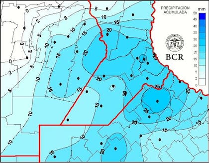 Mapa de precipitación acumulada en las últimas 24 horas de la BCR