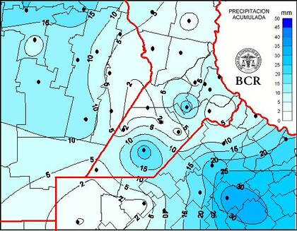 Mapa de precipitación acumulada en las últimas 24 horas, zona núcleo. BCR