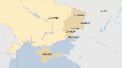Mapa de Ucrania y la frontera con Rusia que muestra, al este del país, las regiones rebeldes de Donetsk y Lugansk
