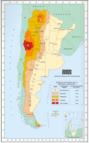 Mapa de zonificación sísmica de la República Argentina. Fuente: INPRES.