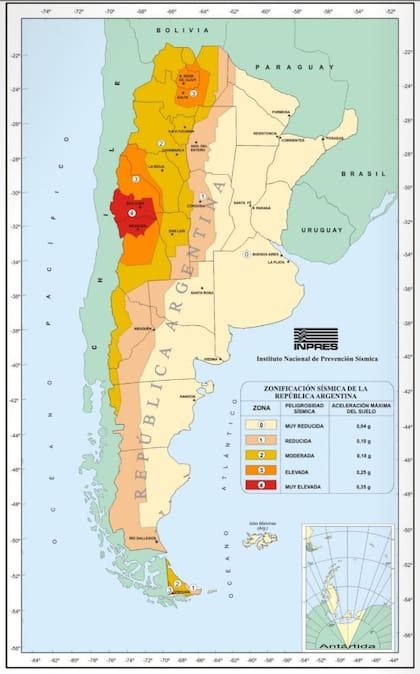 Mapa de zonificación sísmica de la República Argentina. Fuente: INPRES.