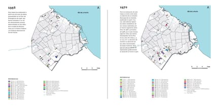 Mapa de1956 y 1970. El primero basado en el Plan de Emergencia de 1956 y en relevamientos de la Policía Federal y el Instituto Nacional de Acción Social sobre las villas porteñas. Y el de 1970 replica datos de censos 1967–68. (Fuente: "Historia de las Villas en la Ciudad de Buenos Aires: De los Orígenes hasta Nuestros Días")