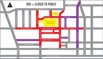 Mapa del cierre de calles para el domingo 12 de marzo, durante la ceremonia de los Oscar, en Los Ángeles
