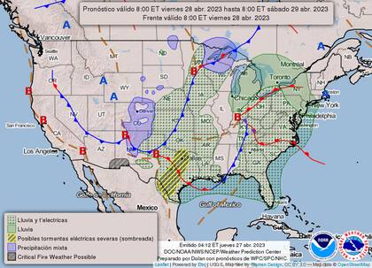 Mapa del clima para el viernes 28 de abril en Estados Unidos