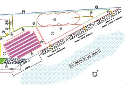 Mapa del desarrollo previsto para el nuevo puerto en Lima, partido de Zárate