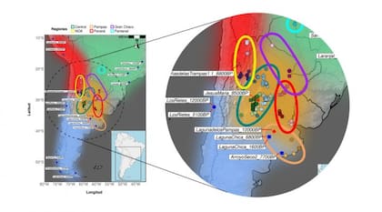 Mapa del estudio publicado en Nature que muestra las regiones analizadas y los sitios arqueológicos del centro y norte de Argentina donde se identificó el nuevo linaje genético de 8.500 años