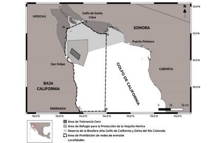 Mapa del Golfo de California que muestra el área de protección