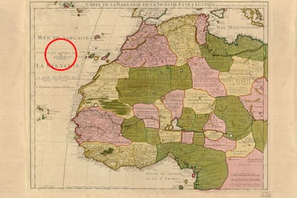 Mapa del norte de África de 1707 según el cartógrafo francés Guillermo Delisle, ampliándolo se aprecia la isla al oeste de las Canarias