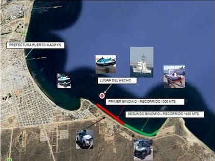Mapa del operativo difundido por Prefectura Puerto Madryn que señala el “Lugar del hecho” frente a la costa y detalla los recorridos de búsqueda: “Primer binomio – recorrido 1300 mts.” y “Segundo binomio – recorrido 1450 mts.”, además del despliegue de medios por mar y tierra