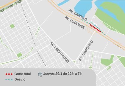 Mapa del operativo previsto para esta noche, con el tramo de Cantilo cerrado a la altura de Udaondo y los desvíos habilitados entre las 22 y las 7 por las obras del Puente Labruna