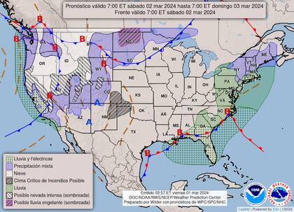 Mapa del pronóstico del clima en EE.UU. durante el fin de semana del 1° al 3 de marzo