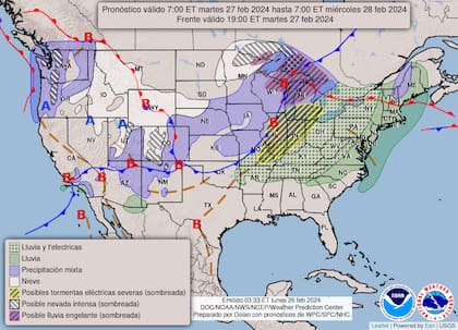 Mapa del pronóstico del clima en Estados Unidos para el martes 27 de febrero