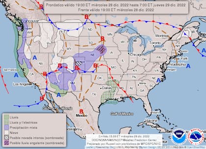 Mapa del pronóstico del clima en Estados Unidos del 29 de diciembre