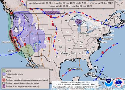 Mapa del pronóstico del clima en Estados Unidos del 28 de diciembre