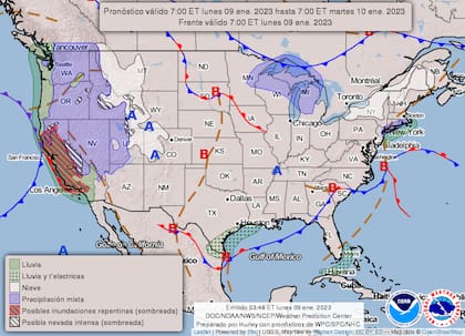Mapa del pronóstico del clima en Estados Unidos del lunes 9 de enero