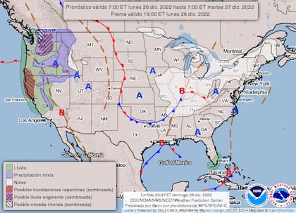 Mapa del pronóstico del clima en Estados Unidos del lunes 26 de diciembre