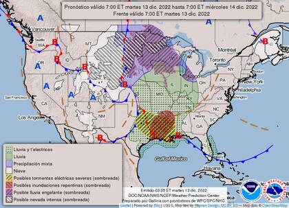 Mapa del pronóstico del clima en Estados Unidos para el 13 de diciembre