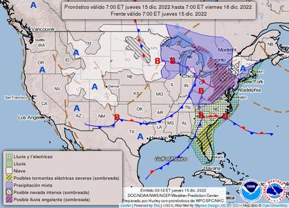 Mapa del pronóstico del clima en Estados Unidos del 15 de diciembre
