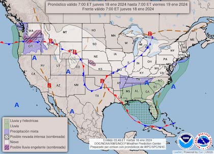 Mapa del pronóstico del clima en Estados Unidos para el 18 y 19 de enero