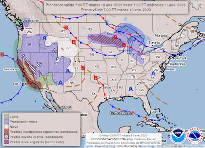 Mapa del pronóstico del clima en Estados Unidos del 10 de enero