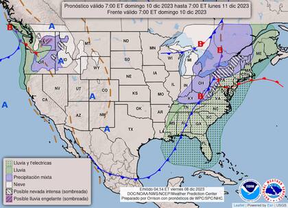 Mapa del pronóstico del clima en Estados Unidos para el 10 de diciembre