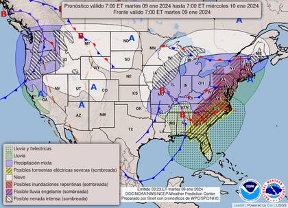 Mapa del pronóstico del clima en Estados Unidos durante el 9 de enero